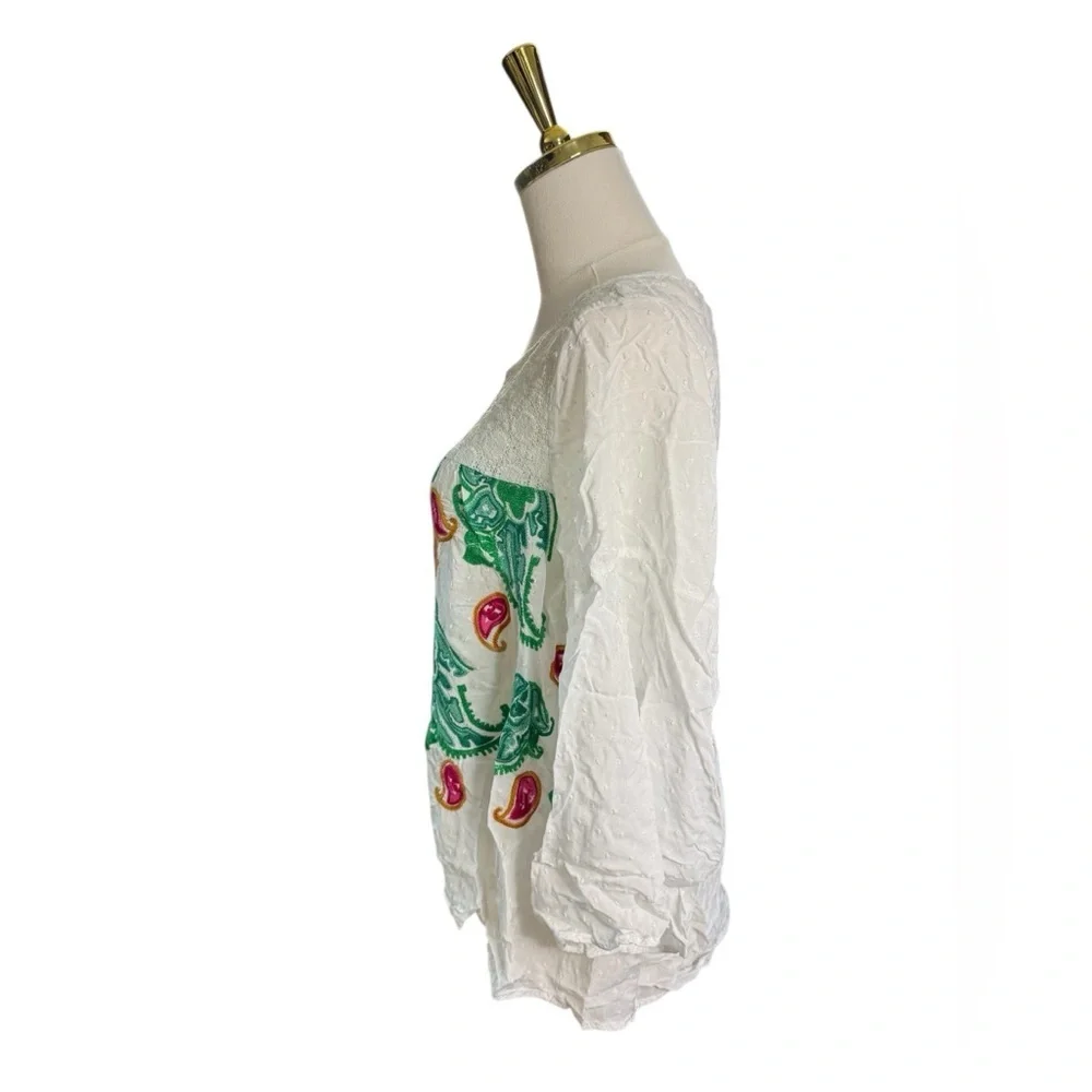 Boho White Embroidered Blouse with Green & Pink Paisley Motifs Lace Top Size M